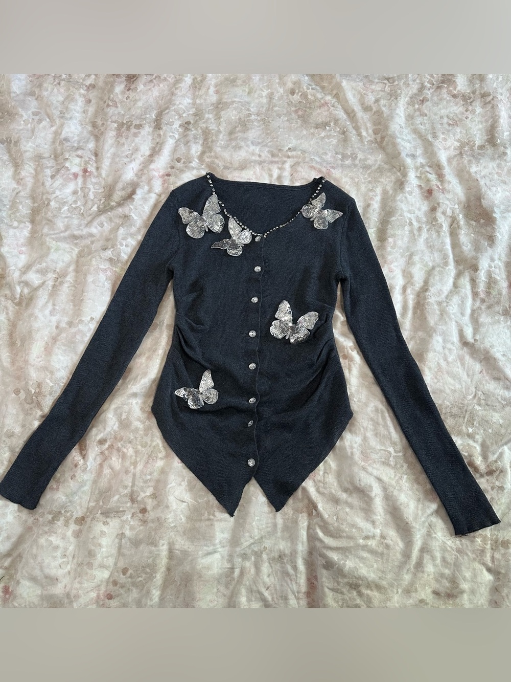 Embellished Black Button-Down Butterfly Cardigan